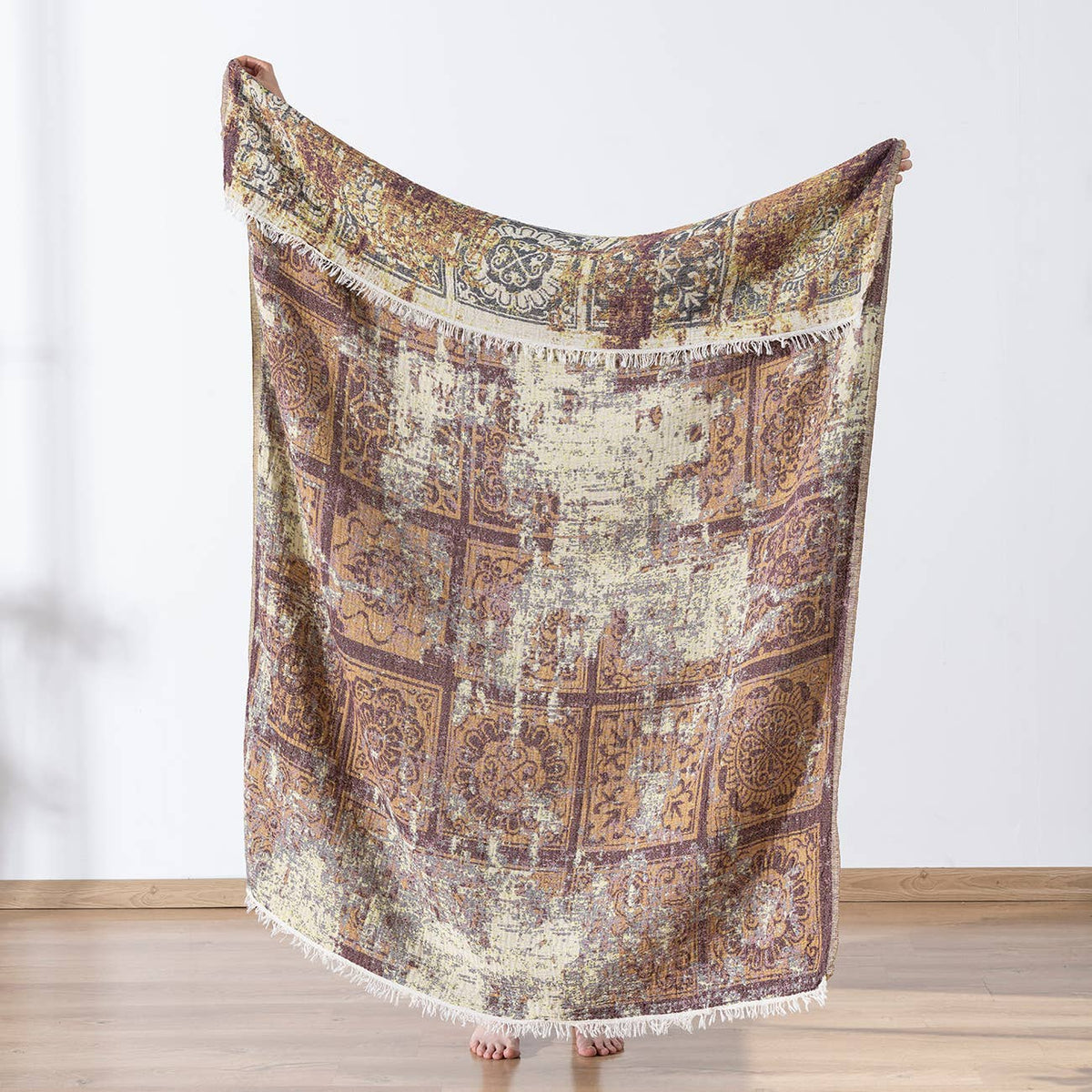 Rustic Turkish cotton throw blanket – vintage medallion, full length view | Kikoya