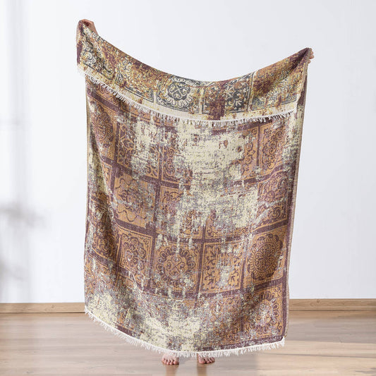 Rustic Turkish cotton throw blanket – vintage medallion, full length view | Kikoya