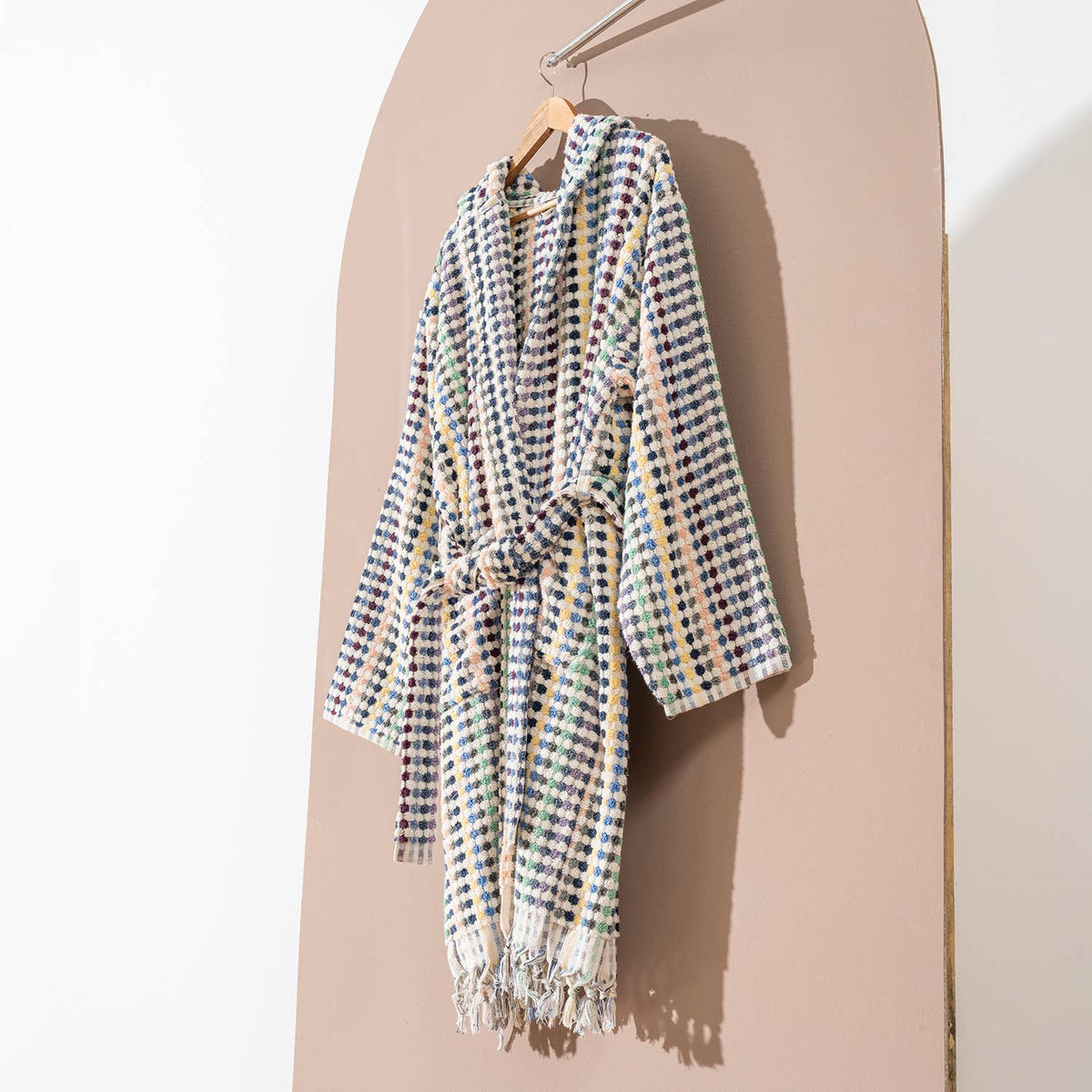 Pompom Turkish bathrobe – Multicolor Melange, Hooded, texture detail | Kikoya