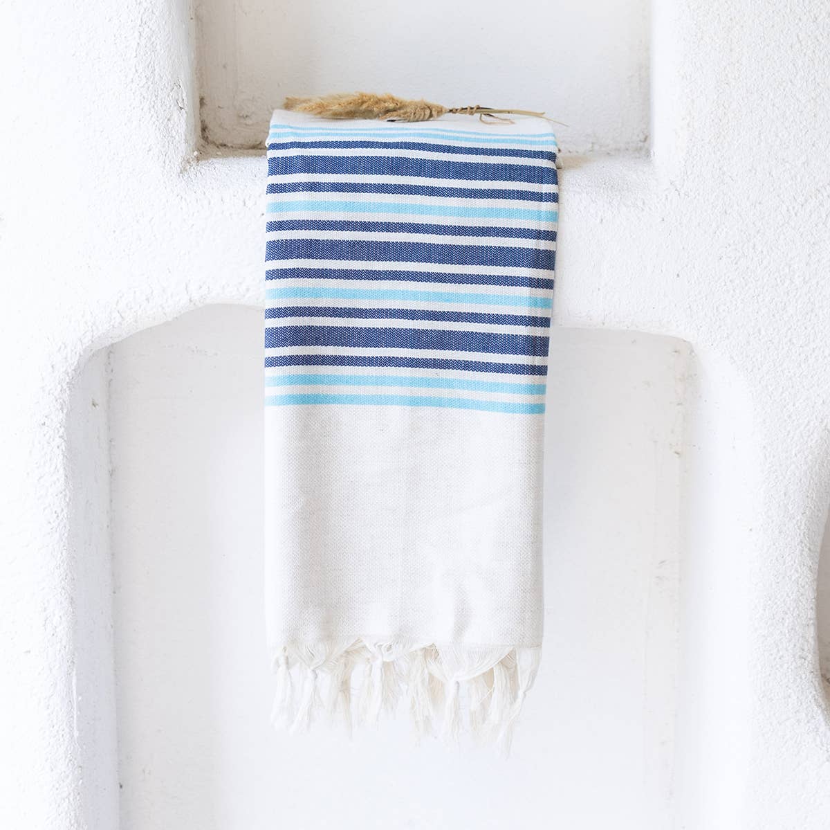 Linen-cotton Turkish beach towel in blue block stripe, 33x66 in | Kikoya