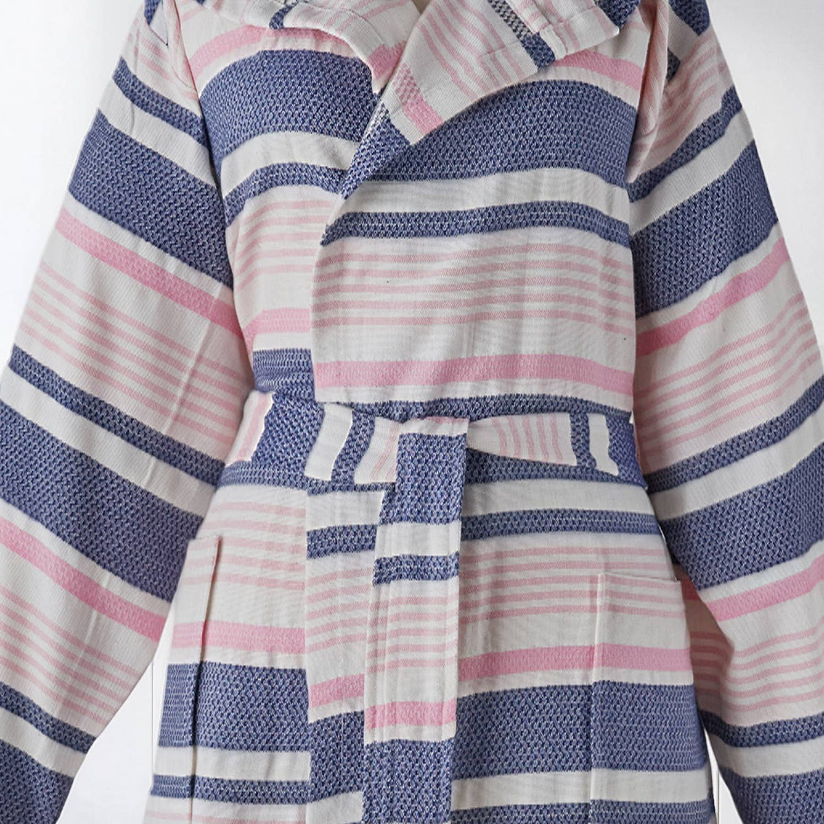 Check Turkish cotton bathrobe – hooded, fringed hood edge | Kikoya