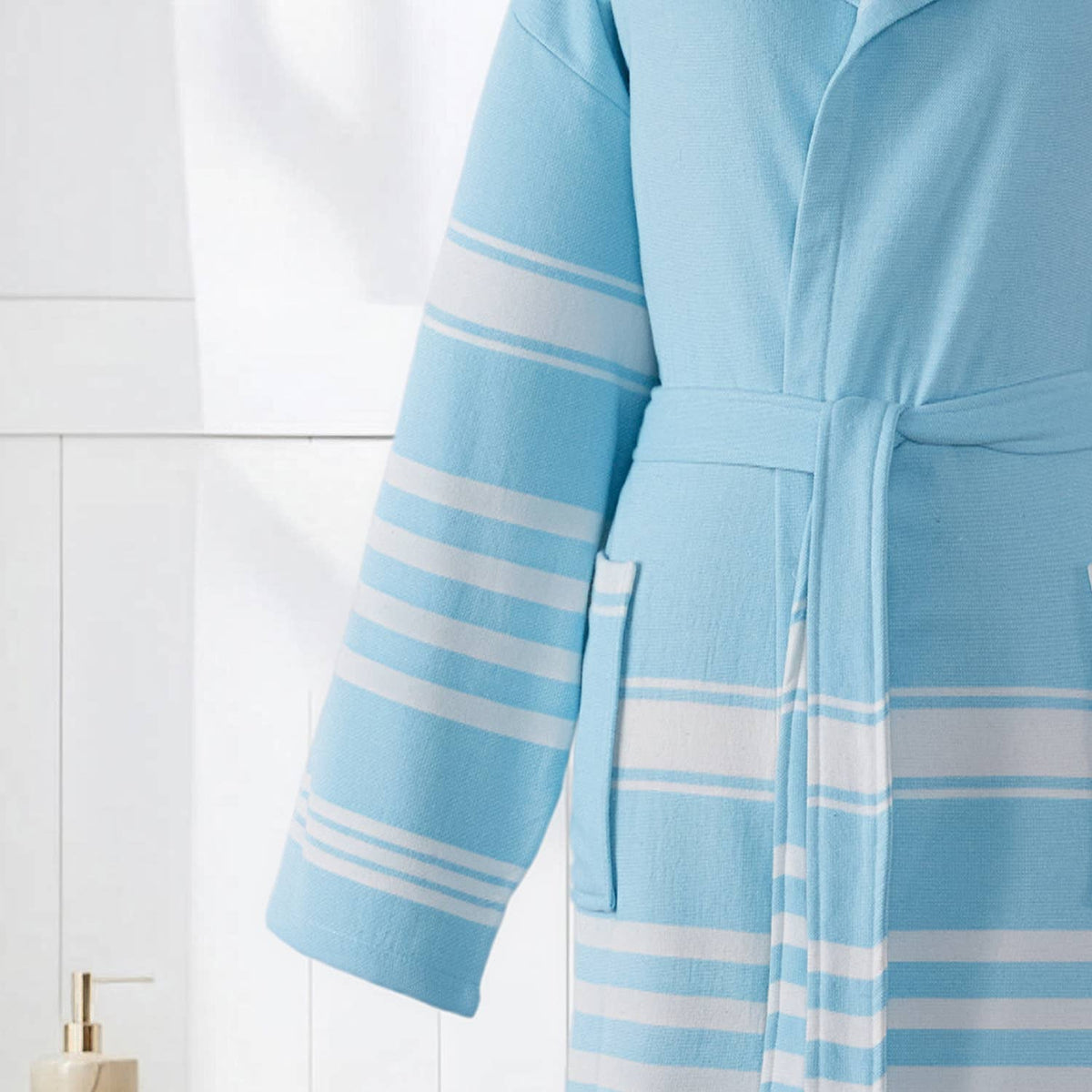 Terry-backed Turkish bathrobe in pastel stripe – hooded | Kikoya