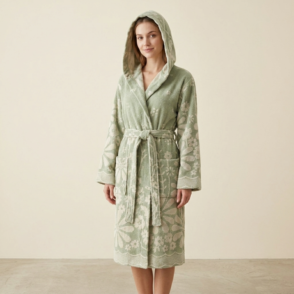 Daisy raised terry Turkish bathrobe – floral jacquard, hooded | Kikoya