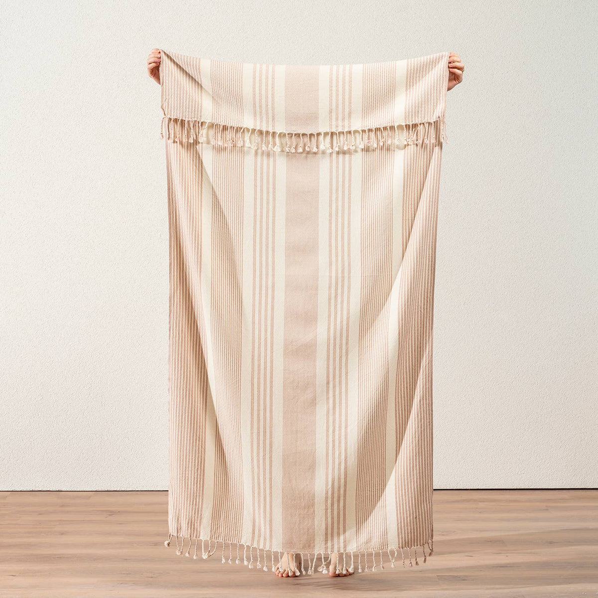 Zebra stripe Turkish beach towel in beige on cream, 33x66 in, flat-woven | Kikoya