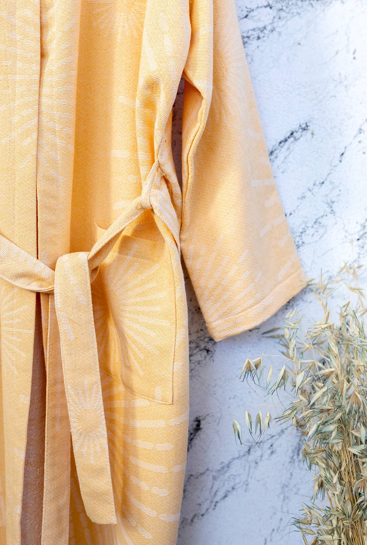 Sunburst terry-backed Turkish bathrobe, hooded, mustard | Kikoya