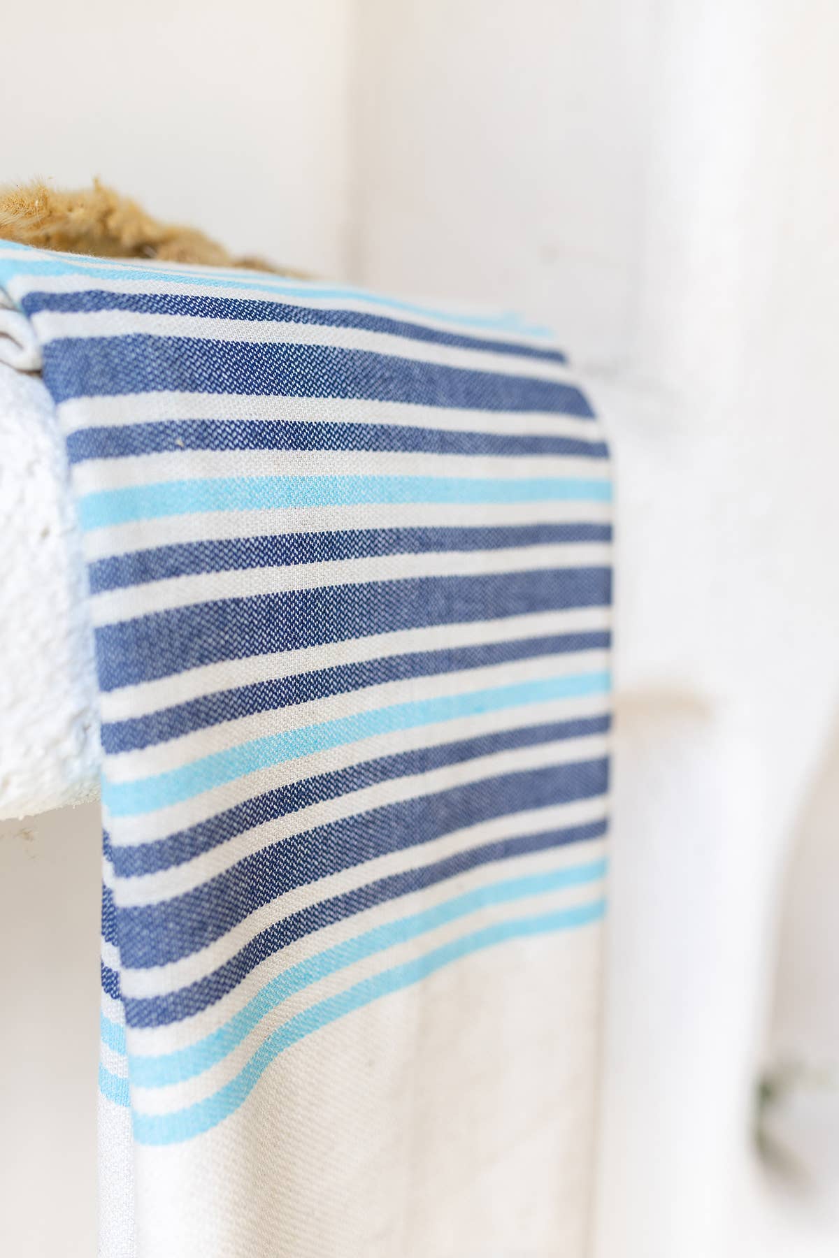 Linen-cotton Turkish beach towel in blue block stripe, 33x66 in | Kikoya