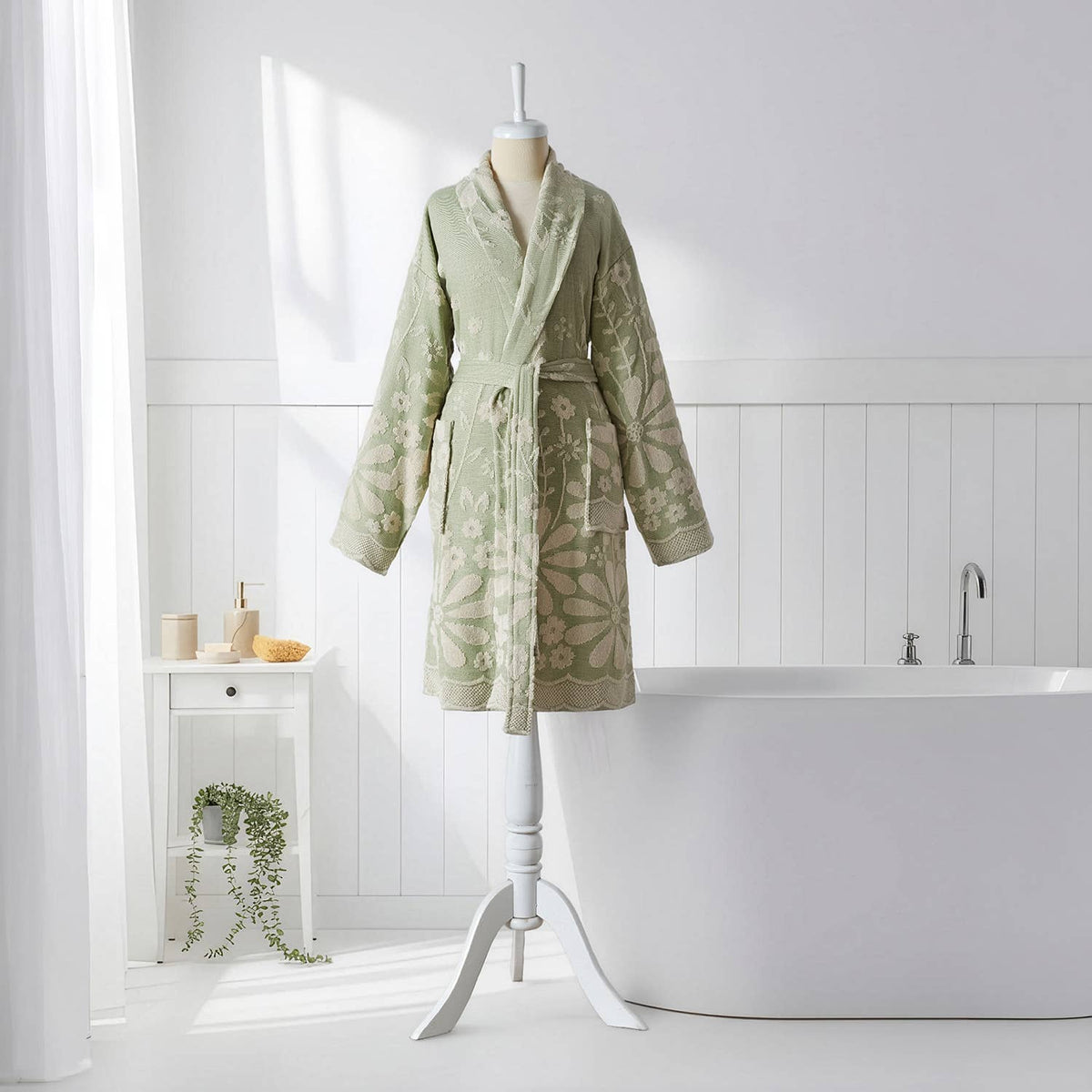 Daisy raised terry Turkish bathrobe – floral jacquard, shawl collar | Kikoya