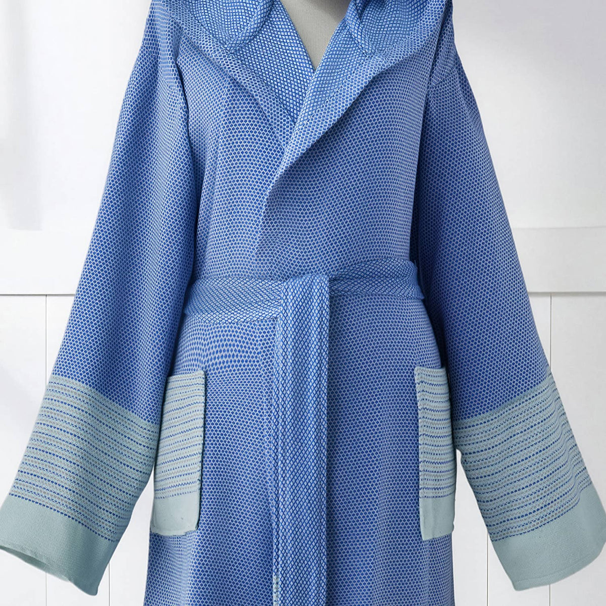 Color-block Turkish cotton bathrobe – hooded, striped border | Kikoya