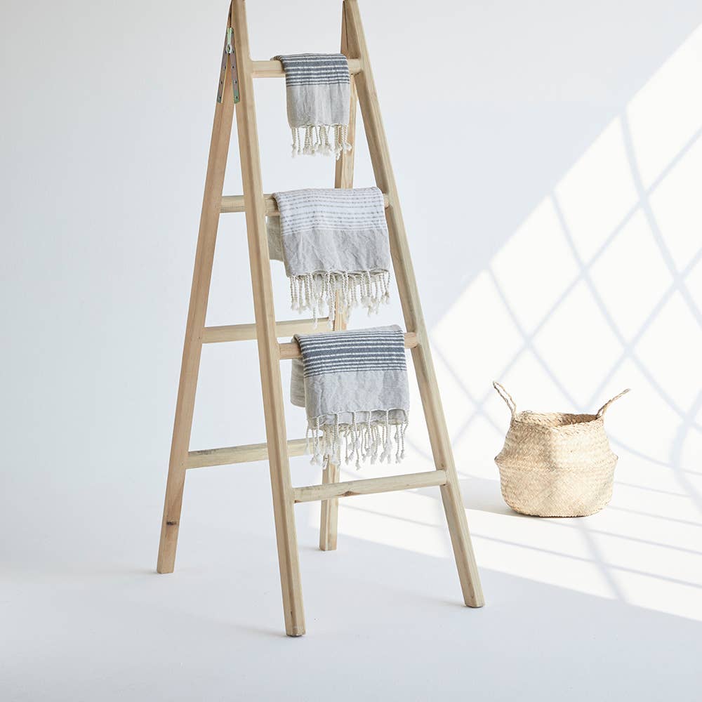 Linen-cotton Turkish towel with tonal stripe band and tassels, 33x67 in | Kikoya