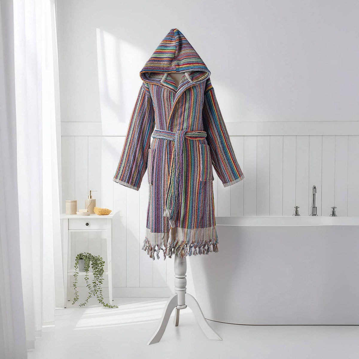 Pompom Turkish bathrobe – Multicolor Stripe, Hooded, texture detail | Kikoya