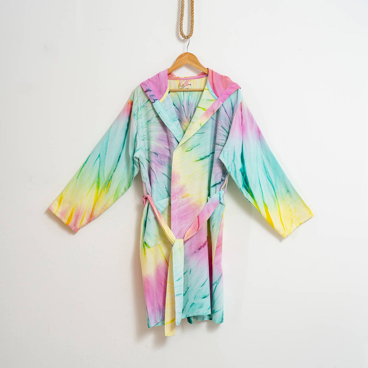 Hand tie-dyed Turkish cotton bathrobe – hooded, belted | Kikoya