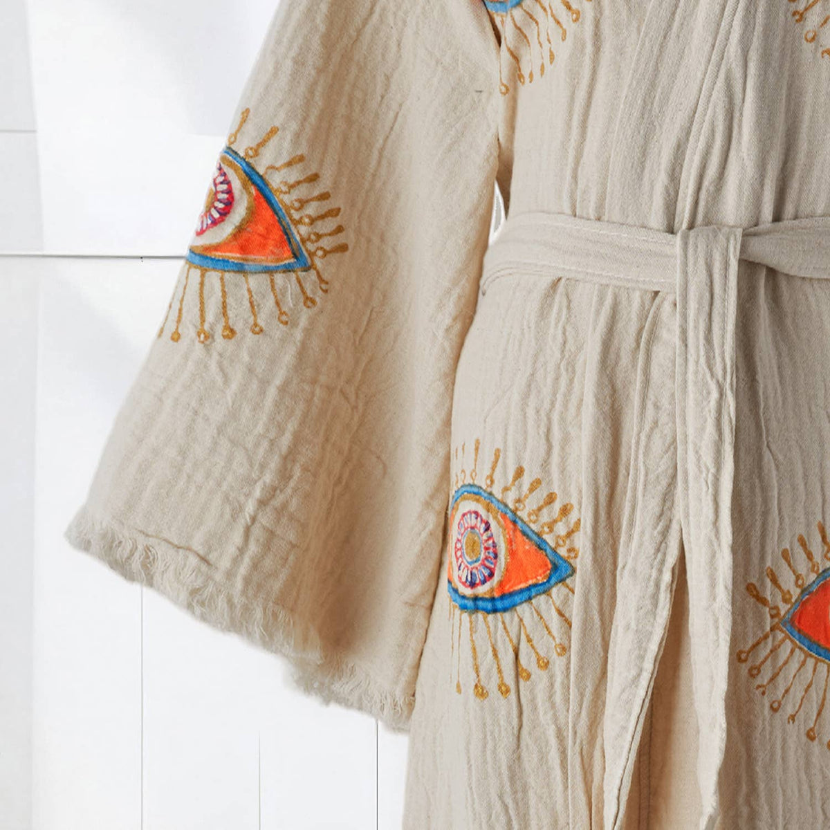 Block-print Turkish cotton kimono robe – Evil Eye Coral & Blue | Kikoya