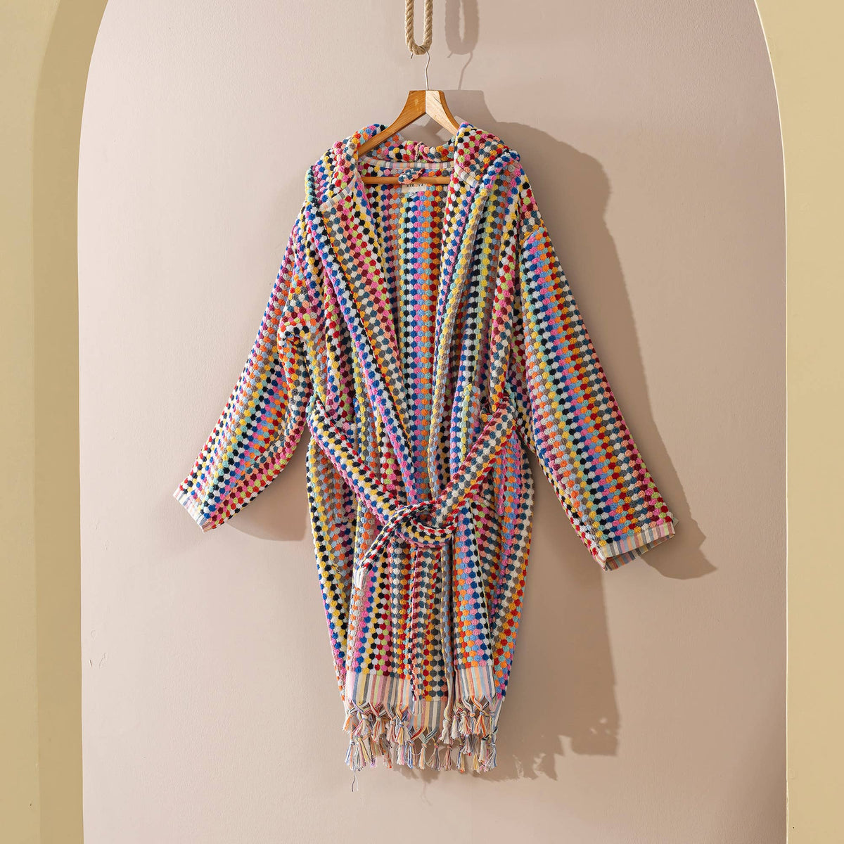 Pompom Turkish bathrobe – Multicolor, Hooded, texture detail | Kikoya