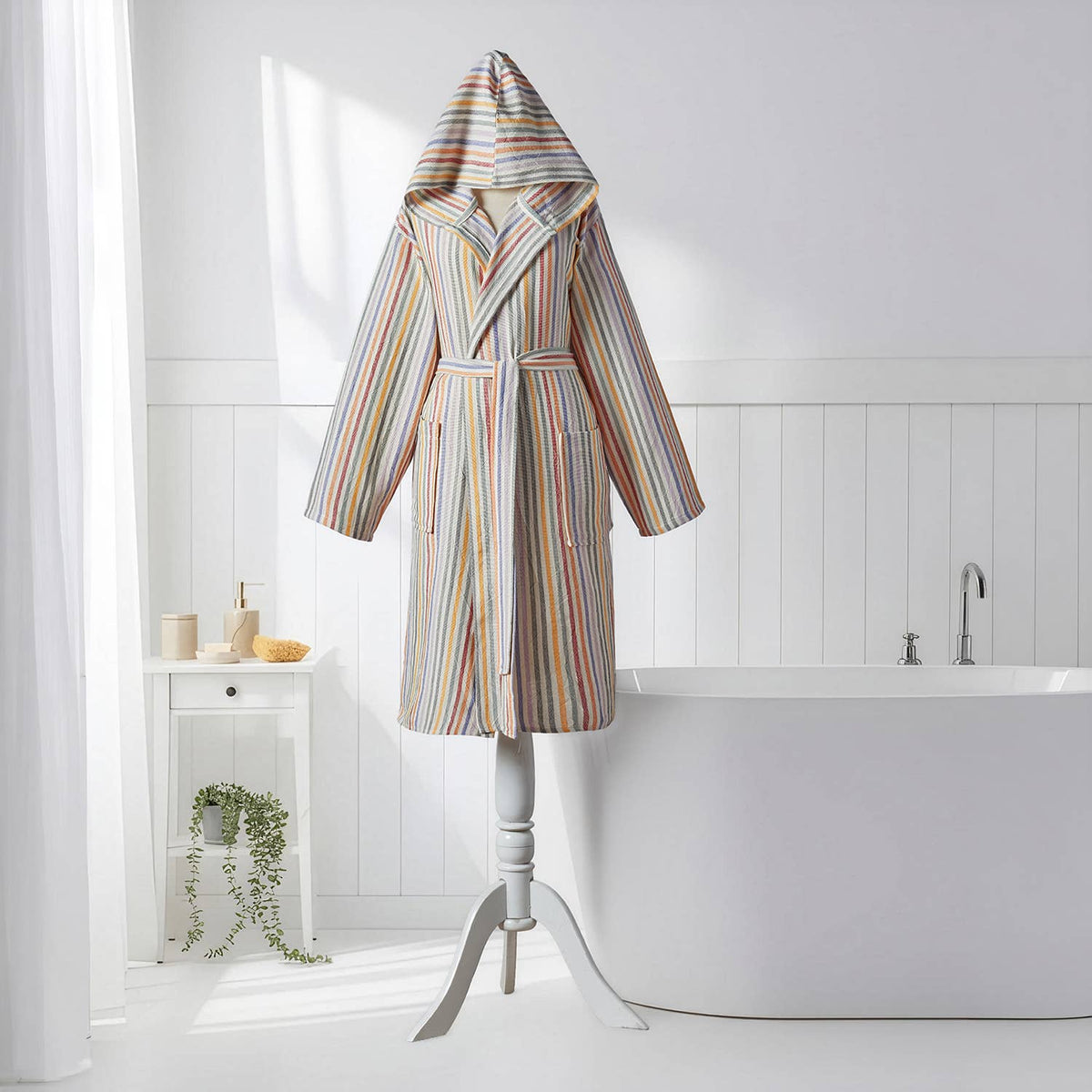Antique Turkish hooded bathrobe – Sand Stripe | Kikoya