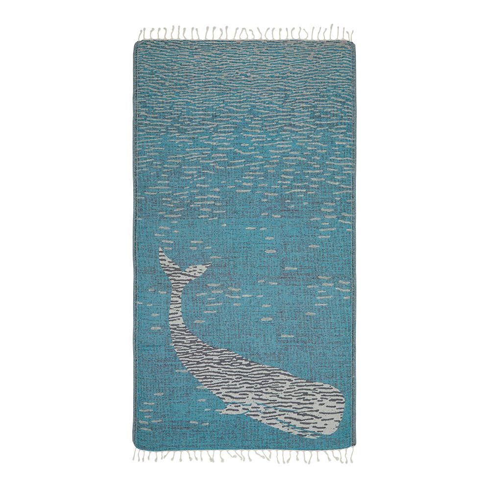 Whale Turkish beach towel, woven whale jacquard on teal, 35x70 in | Kikoya