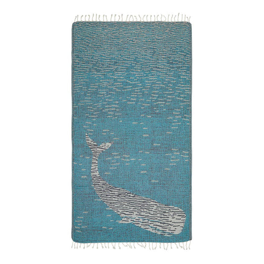 Whale Turkish beach towel, woven whale jacquard on teal, 35x70 in | Kikoya