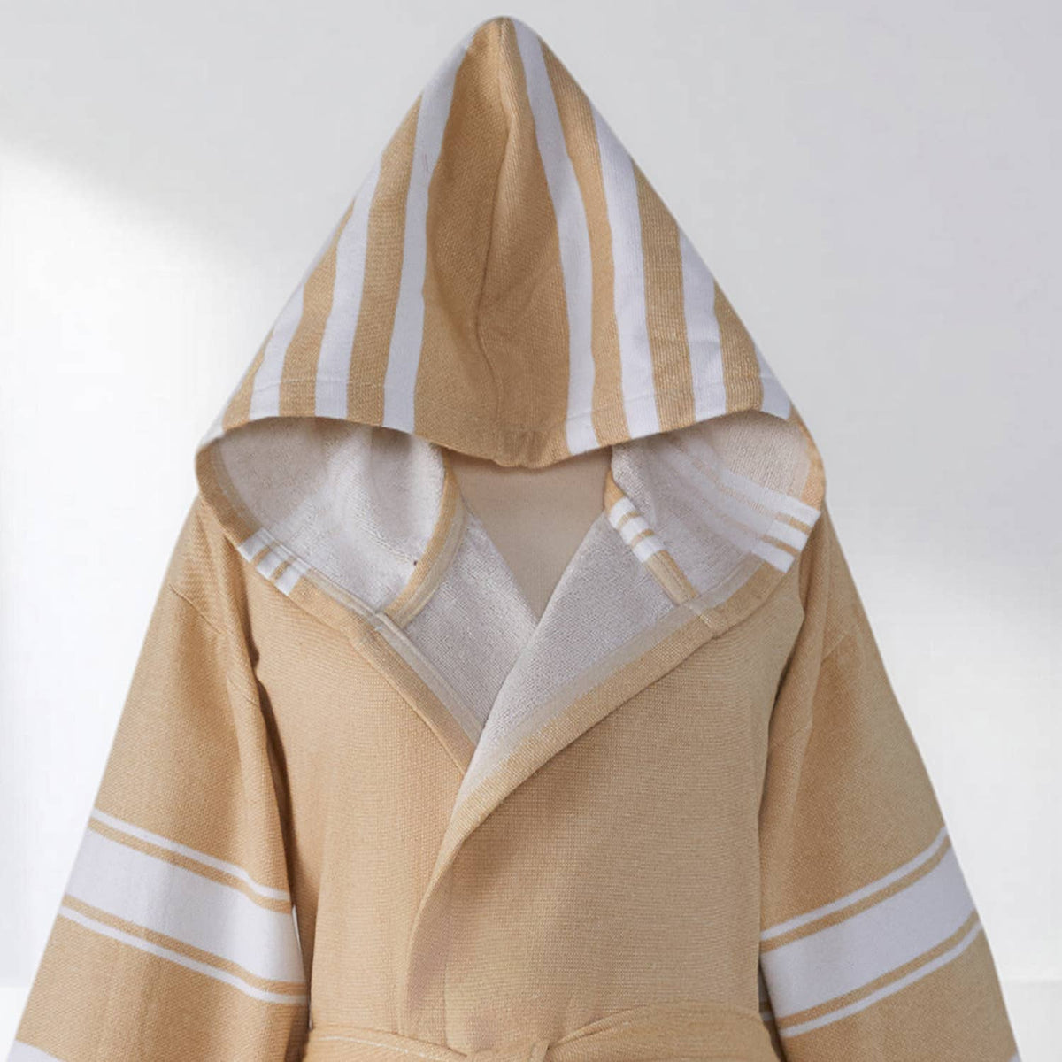Terry-backed Turkish bathrobe in pastel stripe – hooded | Kikoya