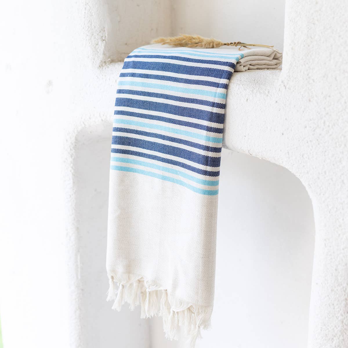 Linen-cotton Turkish beach towel in blue block stripe, 33x66 in | Kikoya