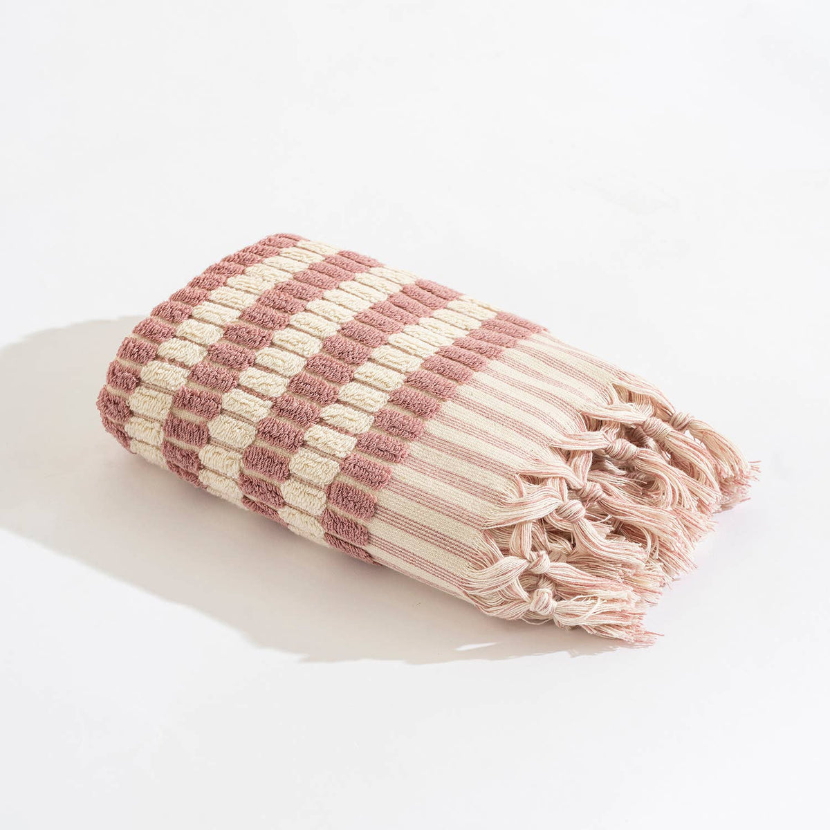 Lokum pompom Turkish hand towel, 17x38 in, handloomed check with pompom fringe | Kikoya