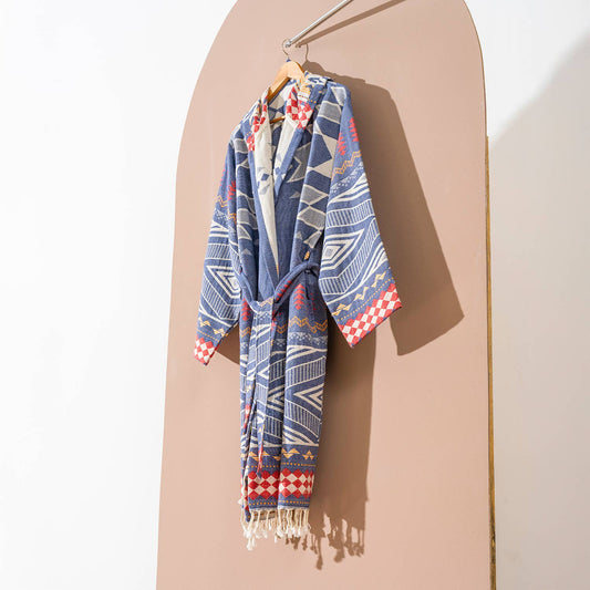 Tribal flat-woven Turkish bathrobe in navy & red – kimono, fringed hem | Kikoya