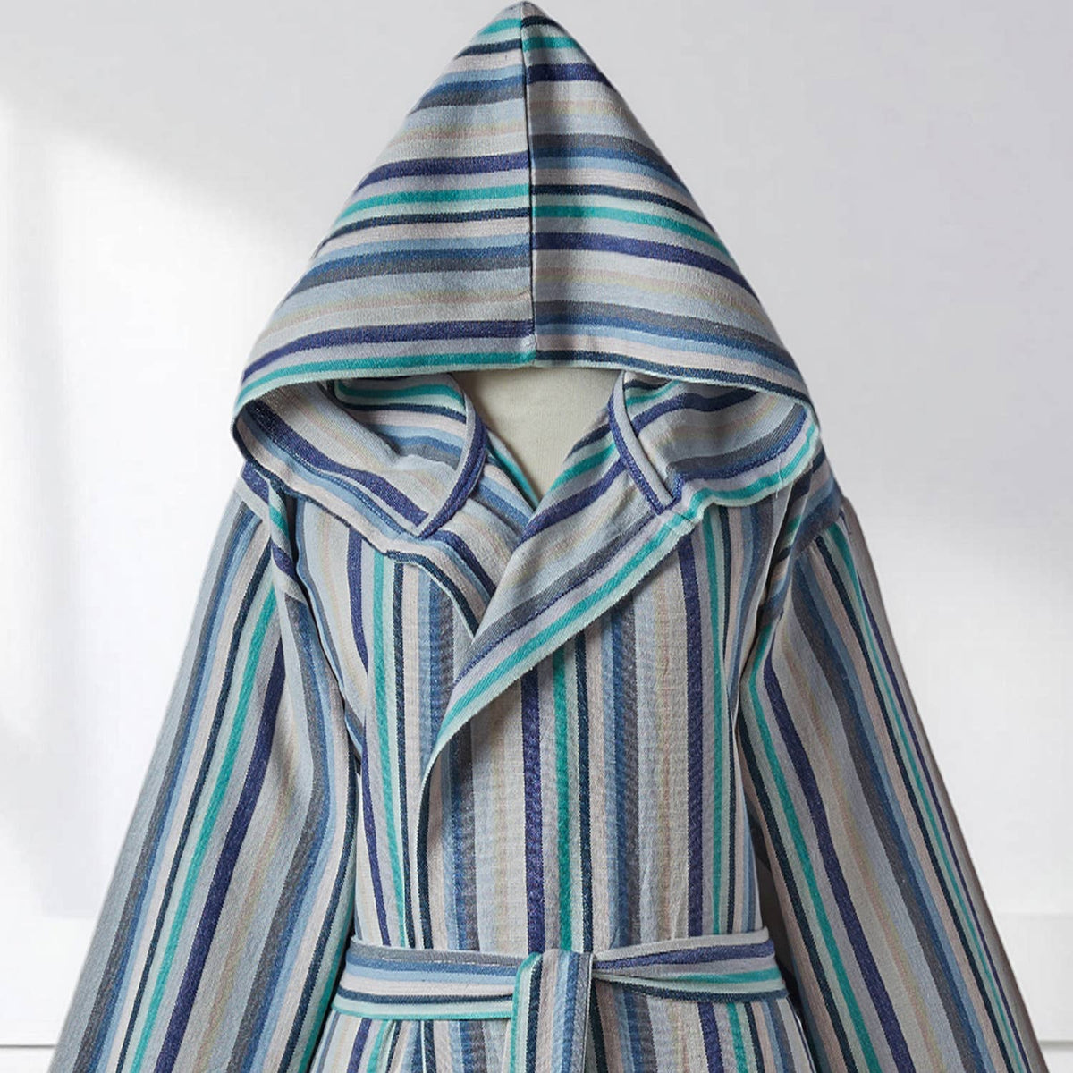 Antique Turkish hooded bathrobe – Teal & Blue Stripe | Kikoya