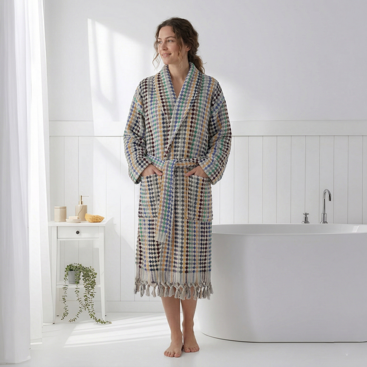 Pompom Turkish bathrobe – Multicolor Melange, Shawl Collar, front view | Kikoya