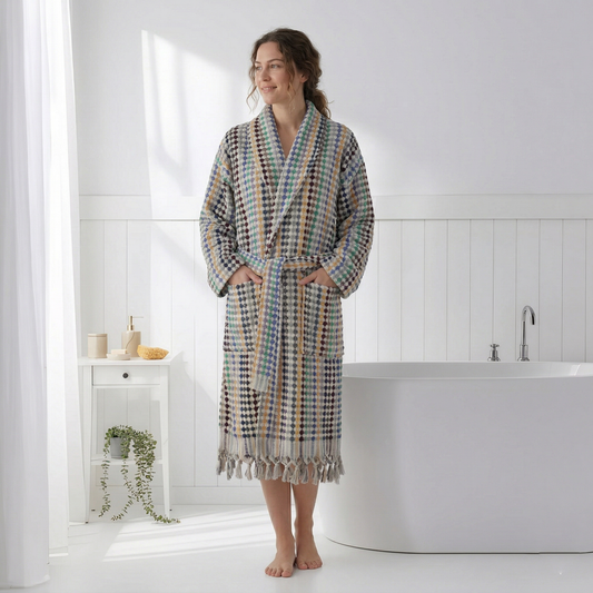 Pompom Turkish bathrobe – Multicolor Melange, Shawl Collar, front view | Kikoya