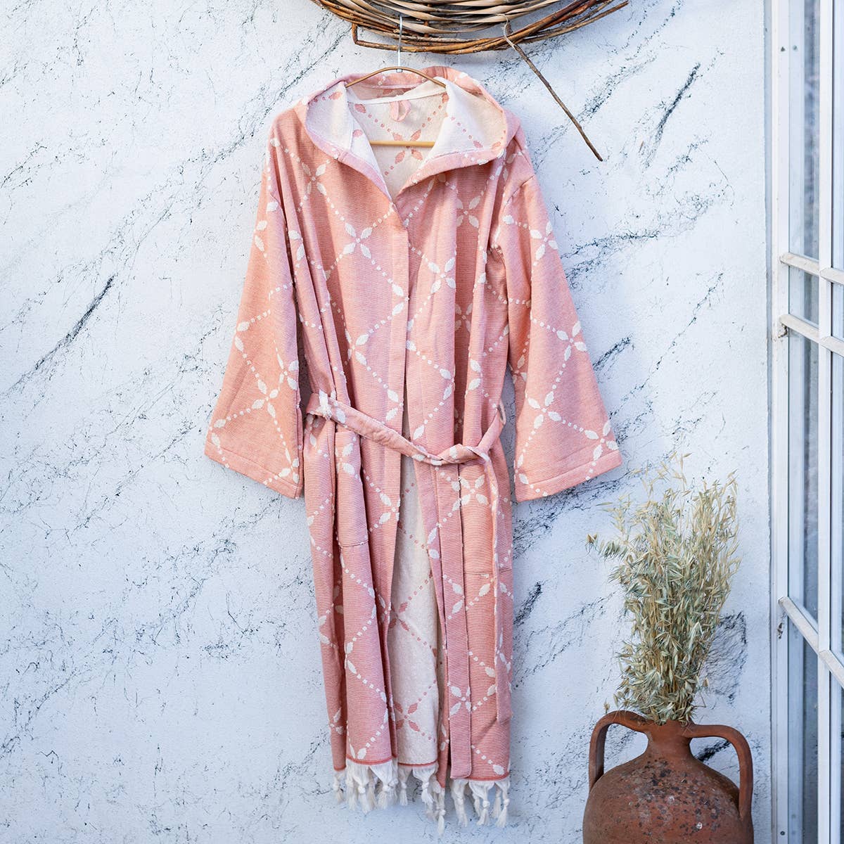 Carmen raised terry Turkish bathrobe with a floral jacquard, hooded | Kikoya
