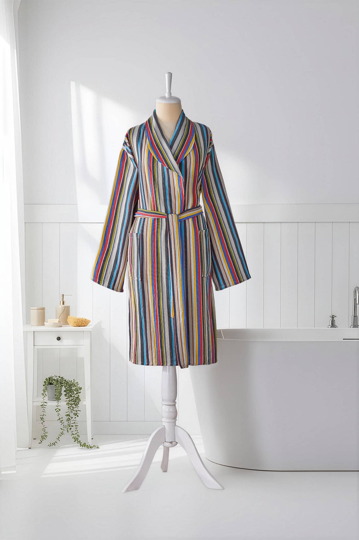 Multi stripe Turkish cotton bathrobe – shawl collar, belted | Kikoya