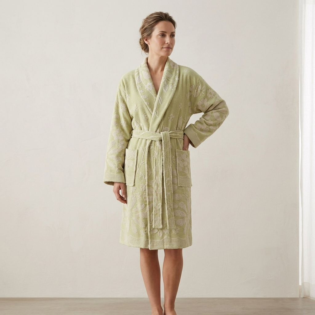 Daisy raised terry Turkish bathrobe – floral jacquard, shawl collar | Kikoya