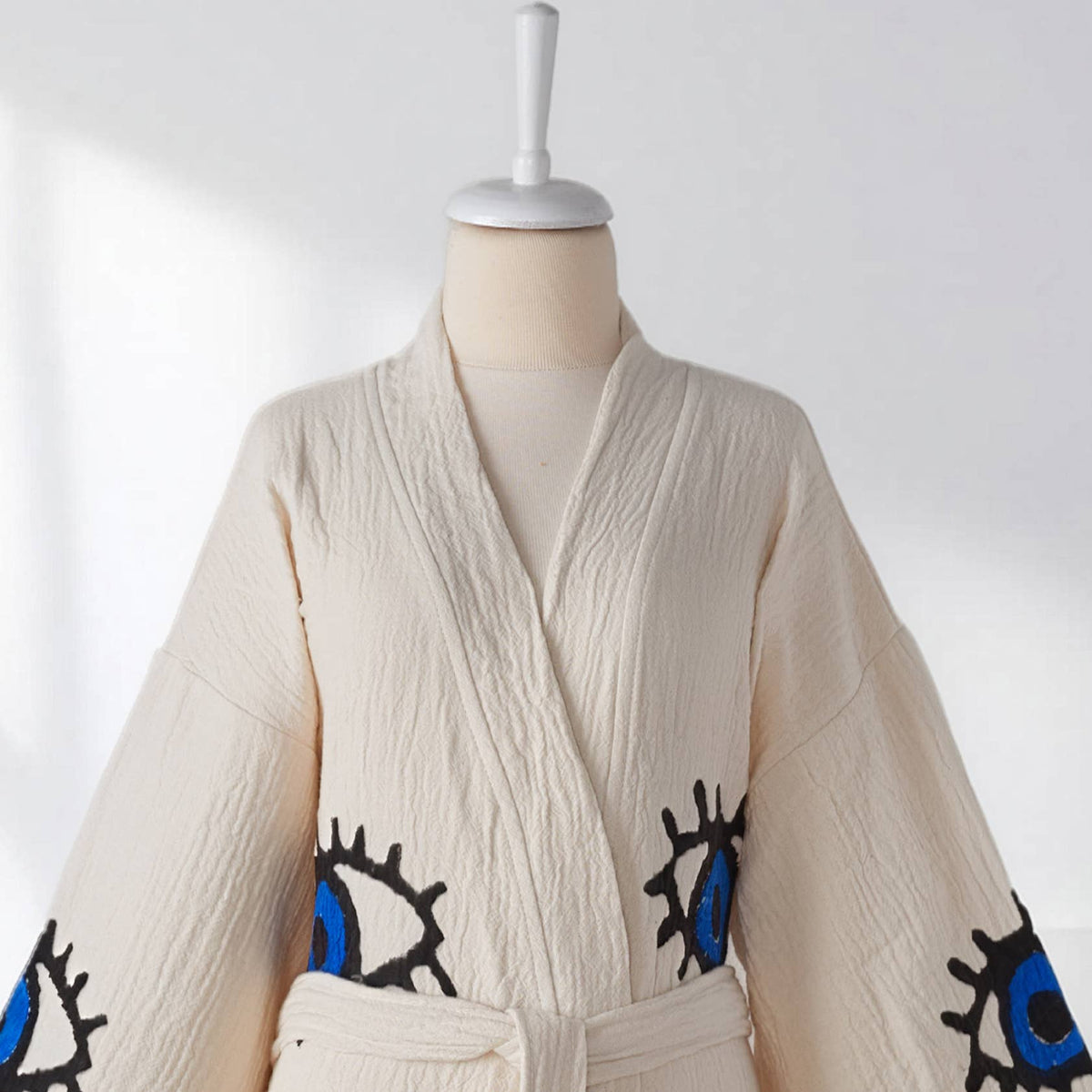 Block-print Turkish cotton kimono robe – Evil Eye Blue | Kikoya