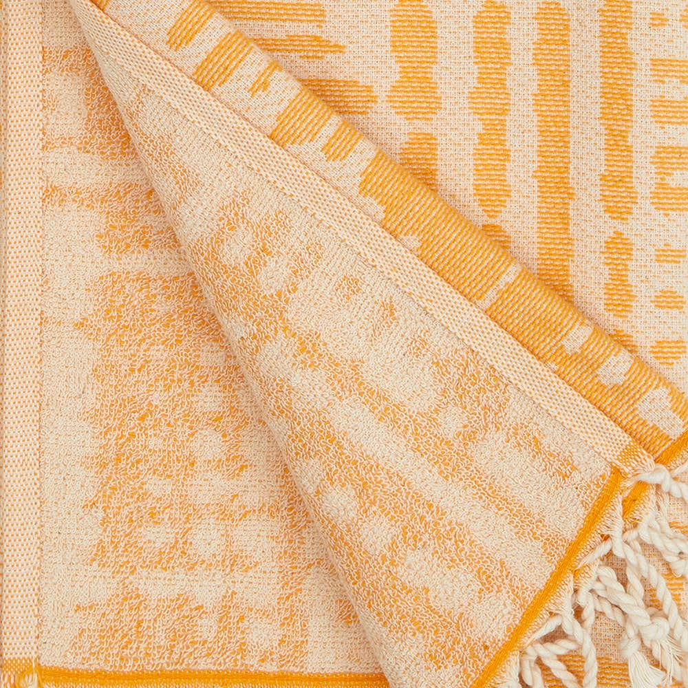 Vintage terry-backed Turkish towel with faded block jacquard, 35x70 in | Kikoya