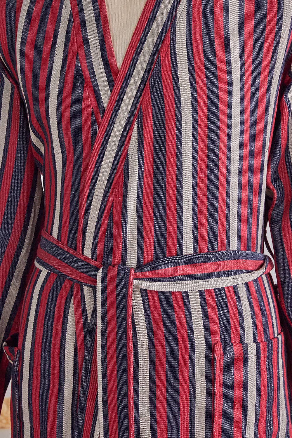 Fine stripe Turkish cotton bathrobe in burgundy – kimono | Kikoya