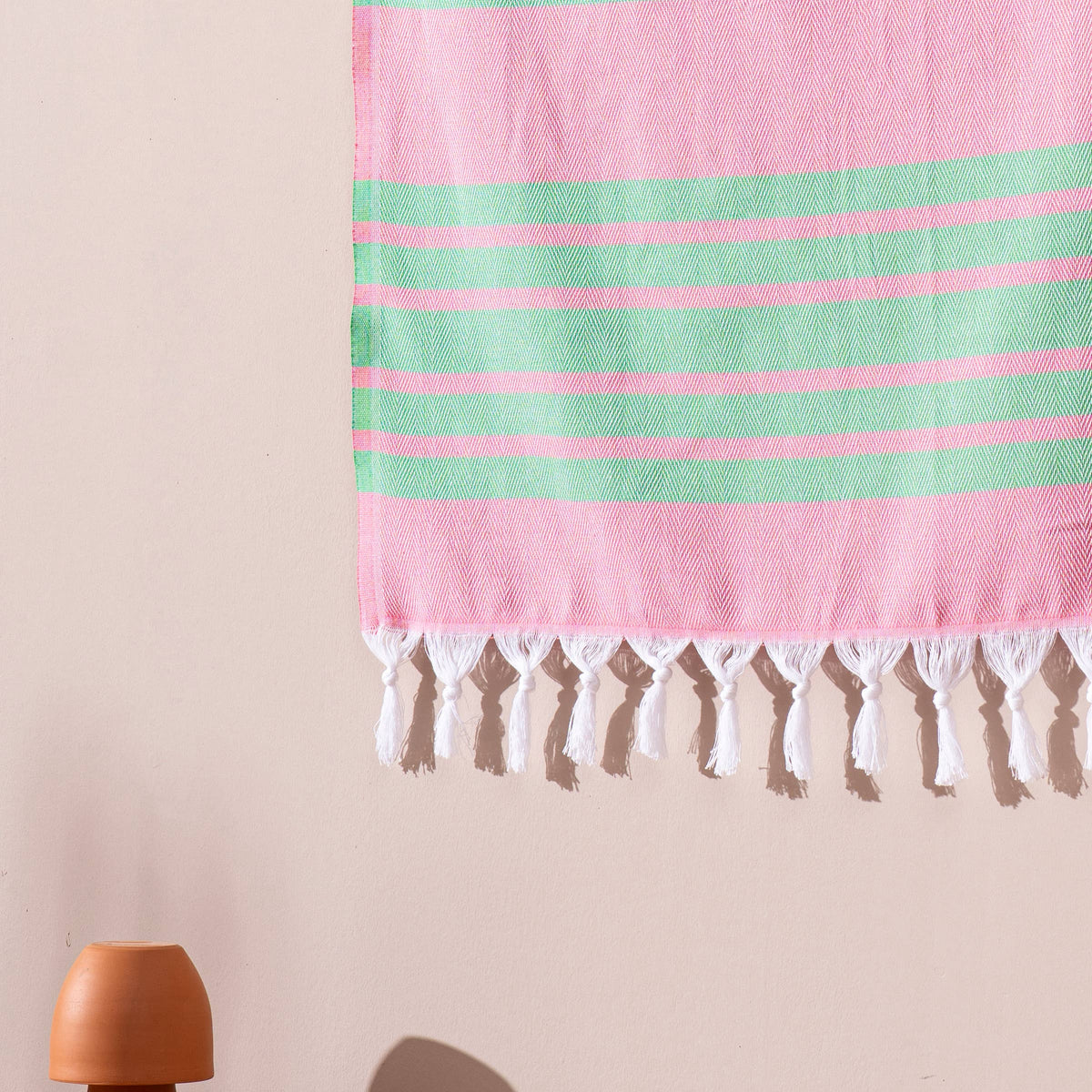 Luxe Herringbone Turkish towel – Pink/Green, pink with green stripes, close-up | Kikoya