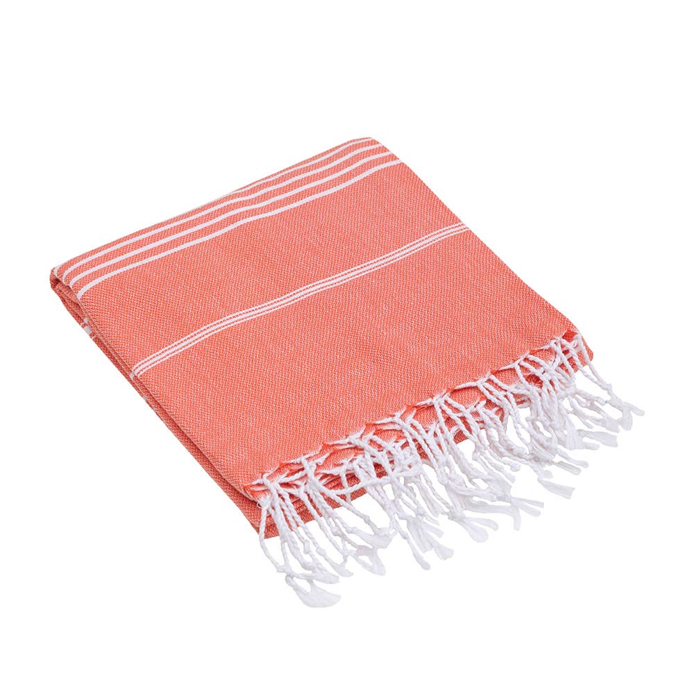 Sultan Turkish beach towel – Peach, folded with knotted fringe | Kikoya