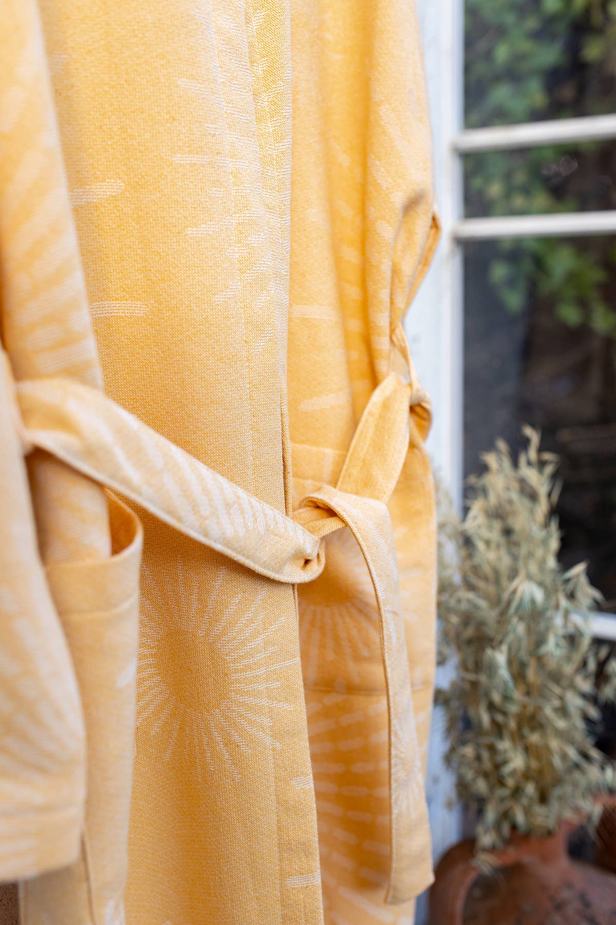 Sunburst terry-backed Turkish bathrobe, hooded, mustard | Kikoya