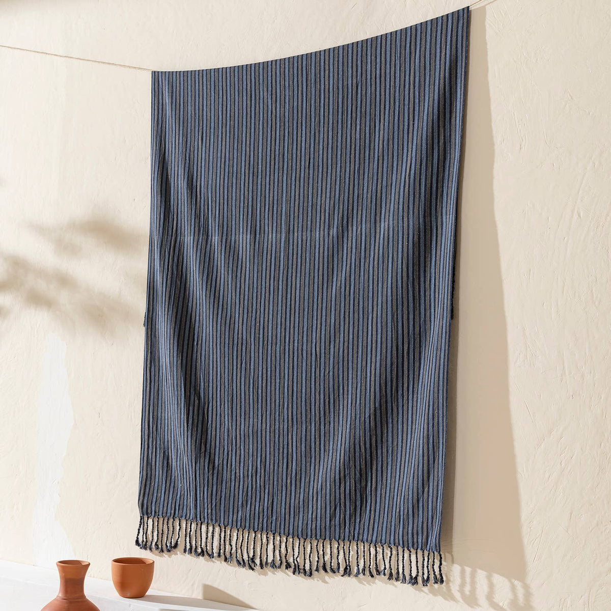 Premium Rustic Turkish Beach Towel – Indigo Melange Stripe, 100% Cotton Peshtemal, 40x70 in