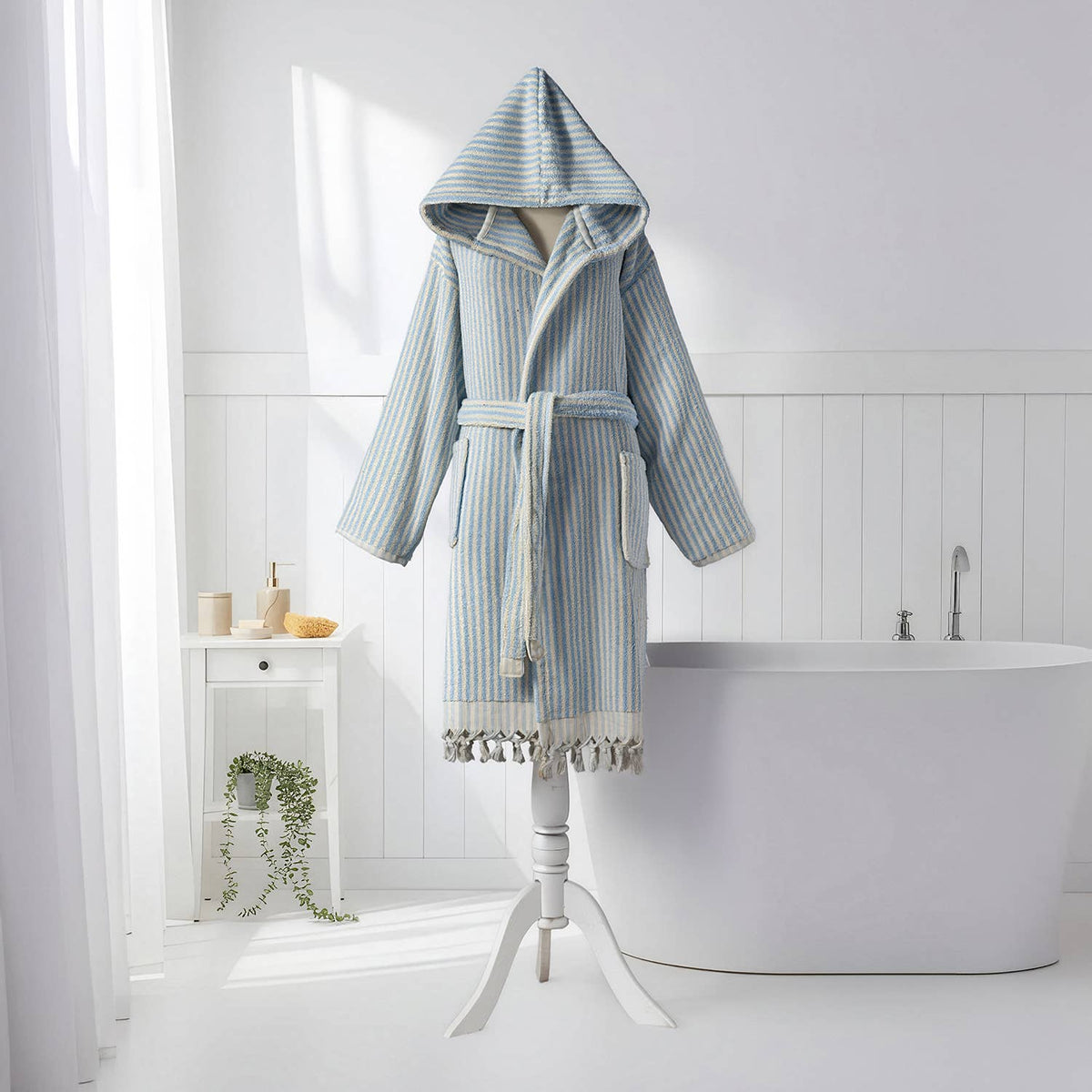 Pompom Turkish bathrobe – Baby Blue & White Stripe, Hooded, belt and pocket detail | Kikoya
