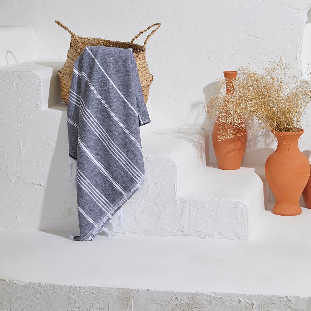 Classic terry-backed Turkish towel in wide stripe, flat face with brushed terry back | Kikoya