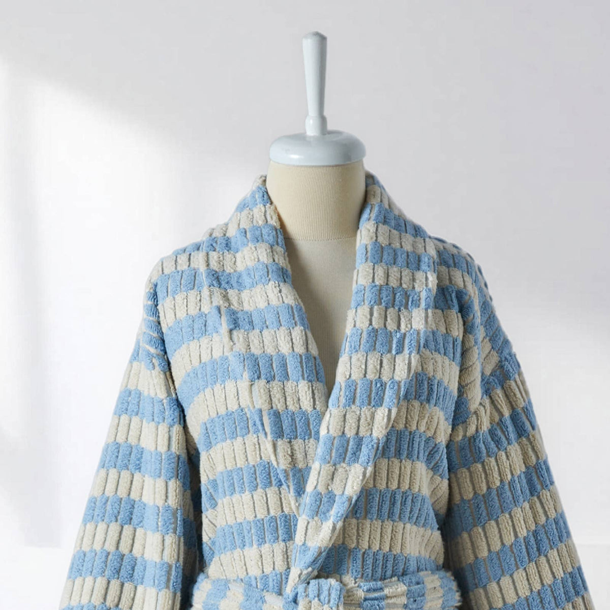 Pompom Turkish bathrobe – Lokum Baby Blue, Shawl Collar, styled view | Kikoya