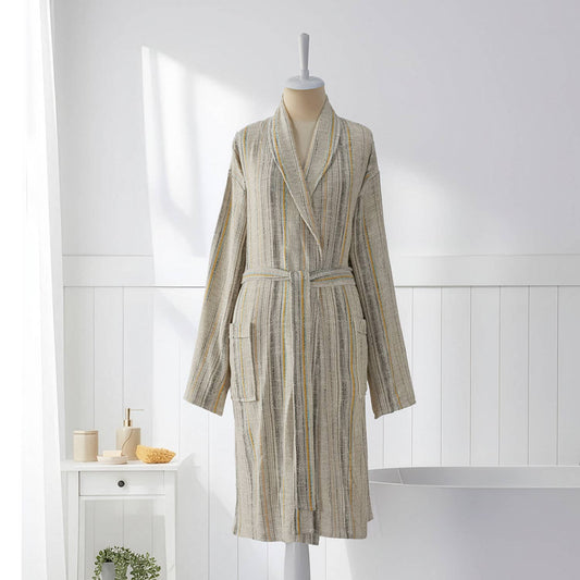 Textured stripe Turkish cotton bathrobe in olive & beige – shawl collar | Kikoya