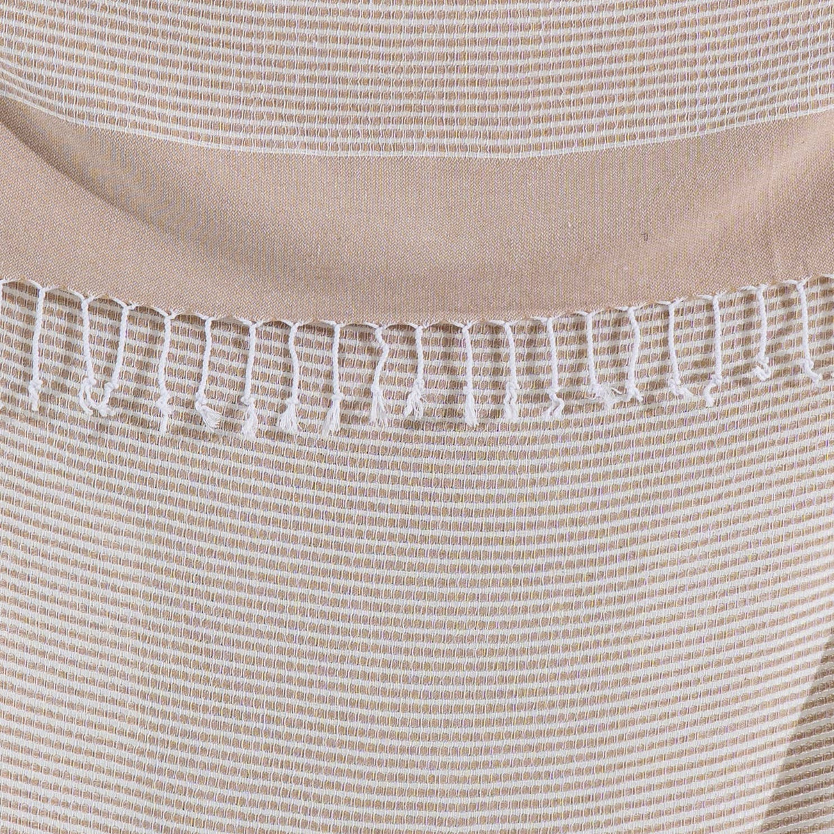 Close-up of the beige fine stripe weave and fringe | Kikoya