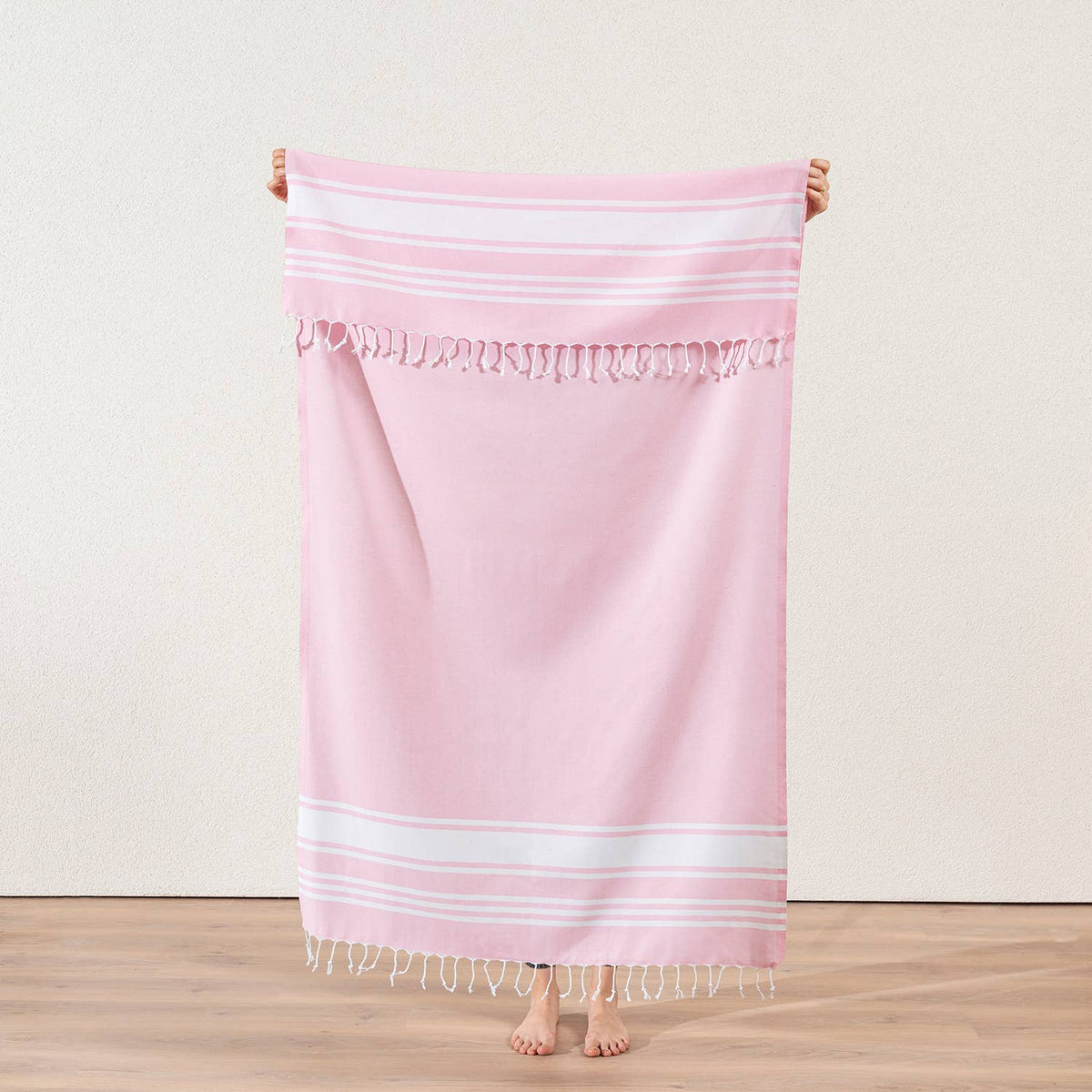Fine stripe Turkish beach towel on cream, 33x66 in, flat-woven peshtemal | Kikoya