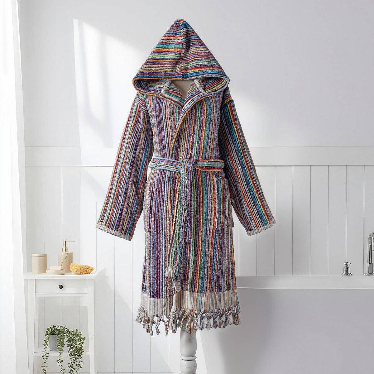Pompom Turkish bathrobe – Multicolor Stripe, Hooded, belt and pocket detail | Kikoya