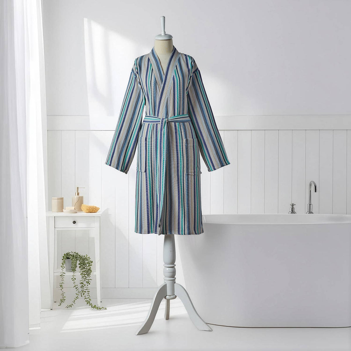 Antique Turkish kimono bathrobe – Turquoise Stripe | Kikoya