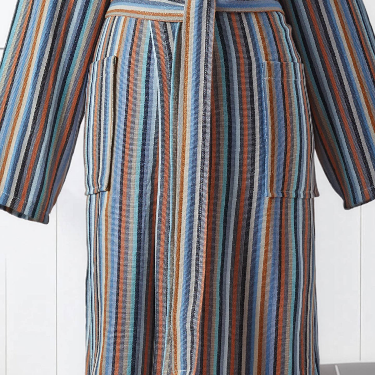 Antique Turkish hooded bathrobe – Charcoal & Teal Stripe | Kikoya