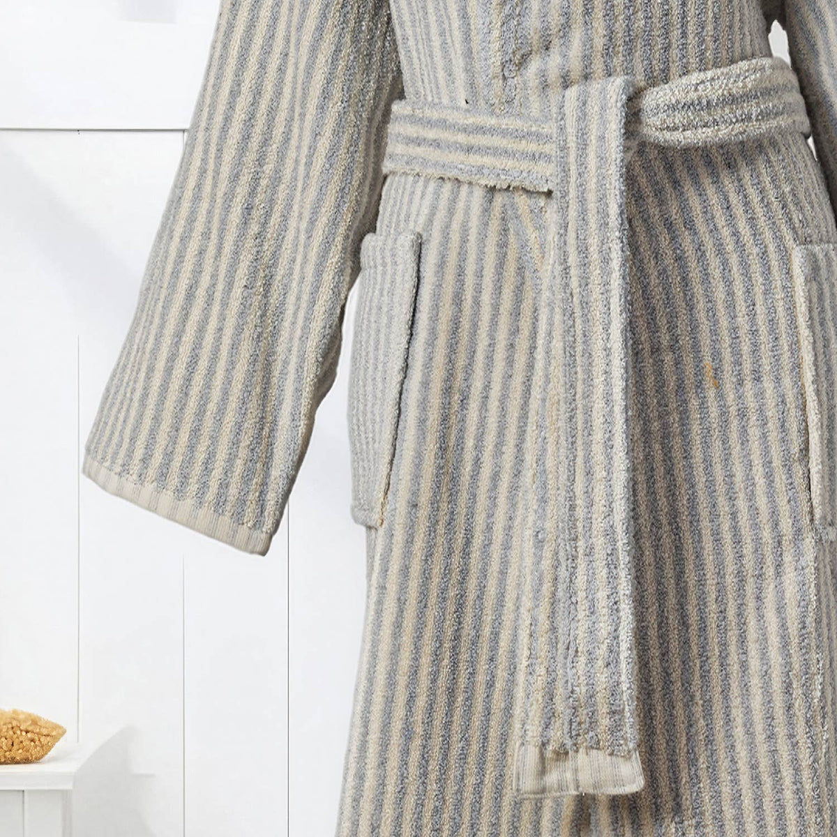 Pompom Turkish bathrobe – Grey & White Stripe, Hooded, belt and pocket detail | Kikoya