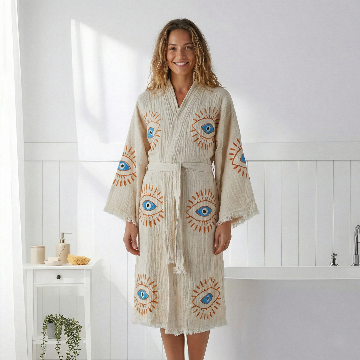 Block-print Turkish cotton kimono robe – Evil Eye Blue & Orange | Kikoya