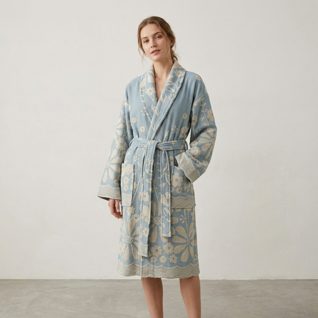 Daisy raised terry Turkish bathrobe – floral jacquard, shawl collar | Kikoya