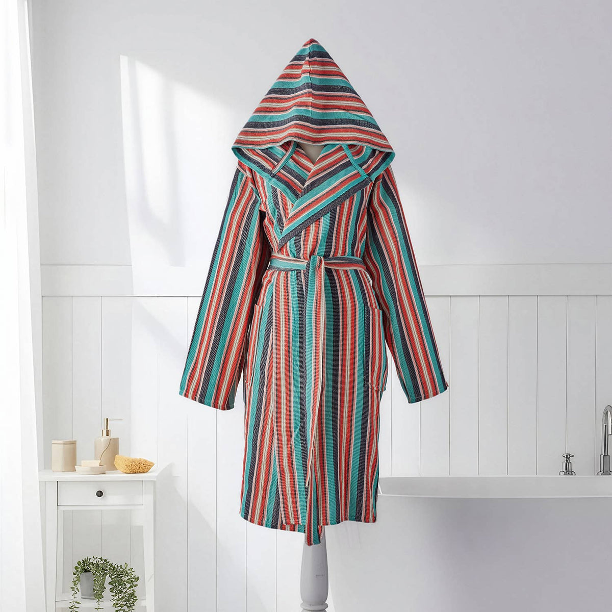 Multi stripe Turkish bathrobe in teal & coral – hooded | Kikoya